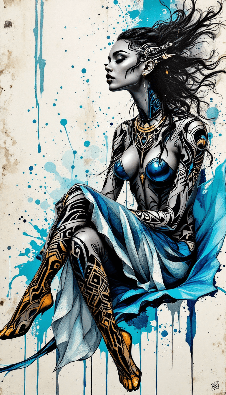 AI generated: A tribal drawing of a lady sitting serenely on a pale blue, translucent leaf, styled with a blend of...