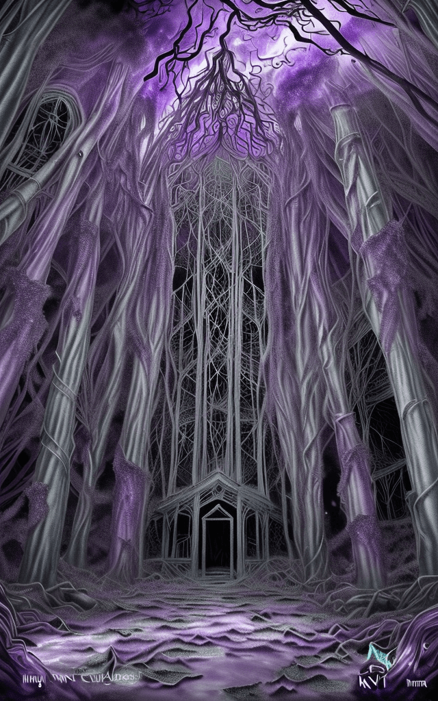 AI generated: Alcohol Ink Drawing of Phantasmic-ghostly-chaos-chaotic-abandoned Medieval Mansion in purple-sugar-c...