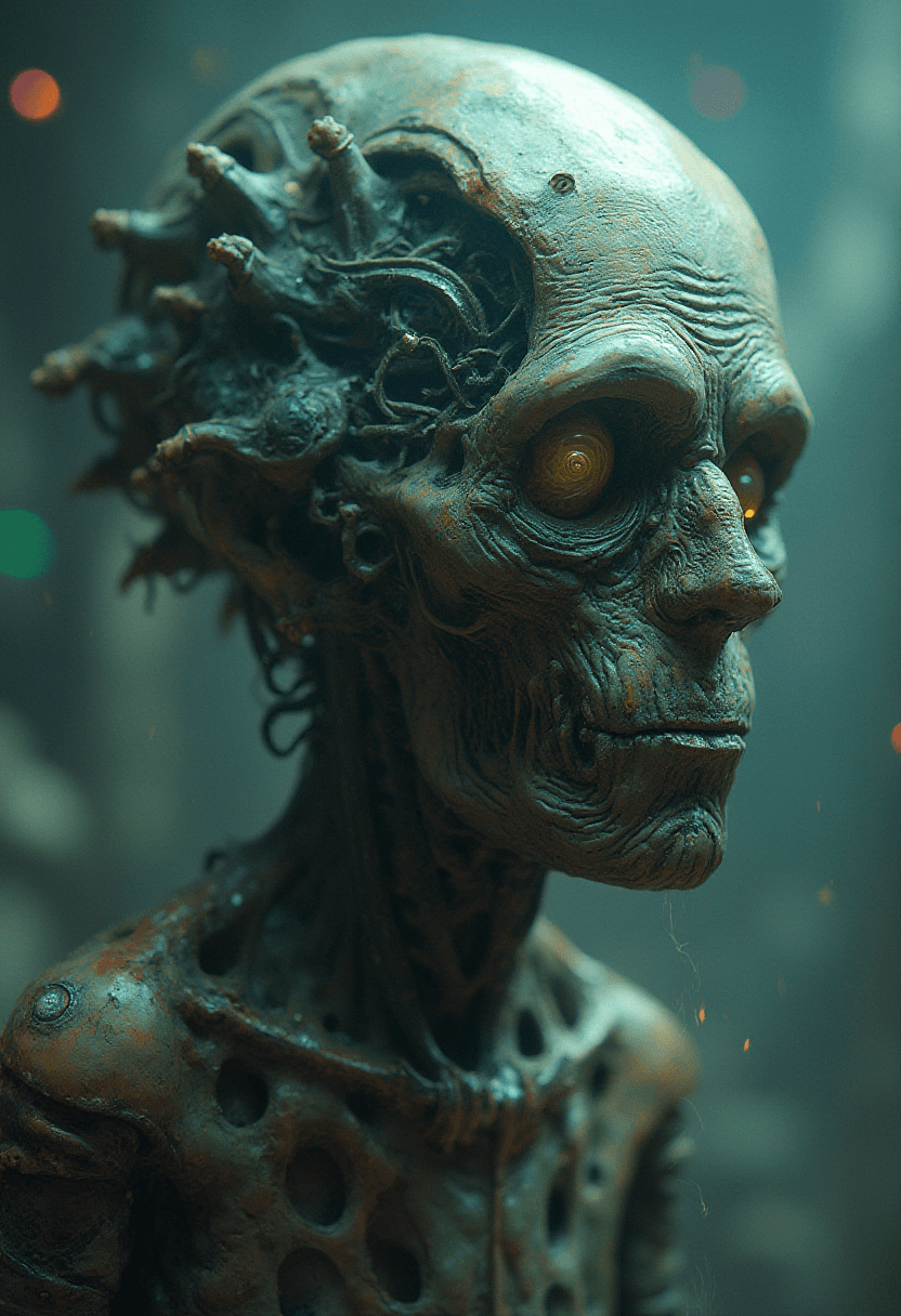 AI generated: rick and morty fused with a lovecraft space astronaut zombie, photo, portrait, 3d, high details, int...