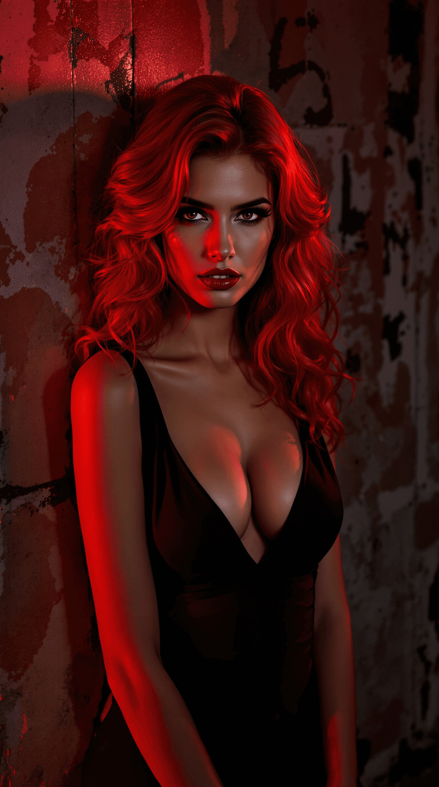 AI generated: A striking and intense portrait of a woman standing against a textured wall, bathed in dramatic red ...