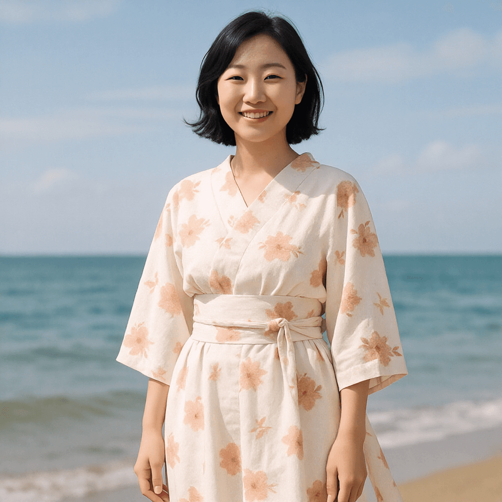 AI generated: A Japanese women with the same figure under the same dress with smiling in a sea side. 