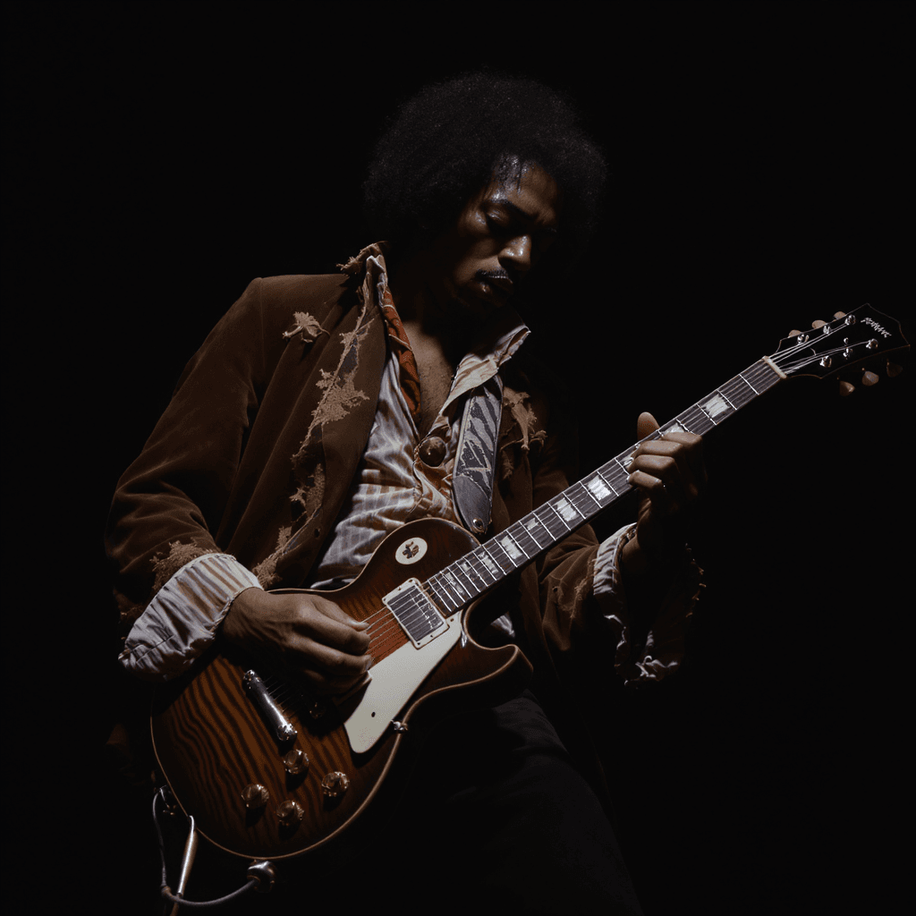 AI generated: Hendrix's fingers danced across the strings, coaxing out a maelstrom of noise and beauty. The guitar...