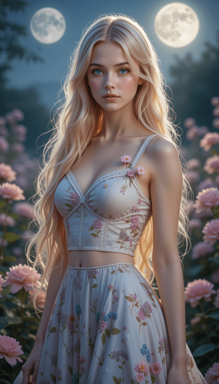 AI generated: A serene and enchanting young woman stands in a moonlit garden, bathed in the soft, ethereal glow of...