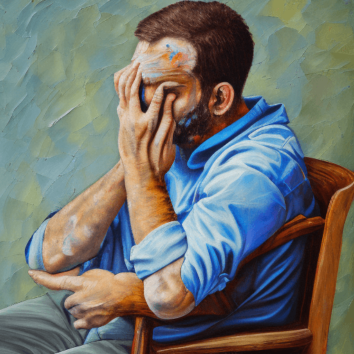 AI generated: painting of sad man sitting on chair, eyes are teary, holding face, pallet knife painted, thick text...
