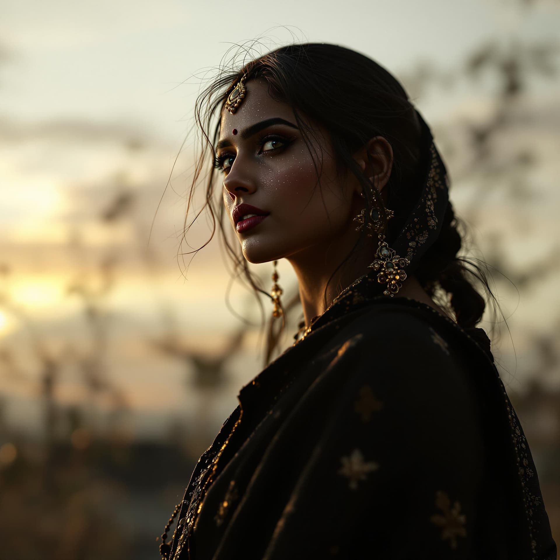 AI generated: Photo of a ultra realistic Indian Wife Wearning Black Hot Saree, dramatic light, pale sunrise, cinem...