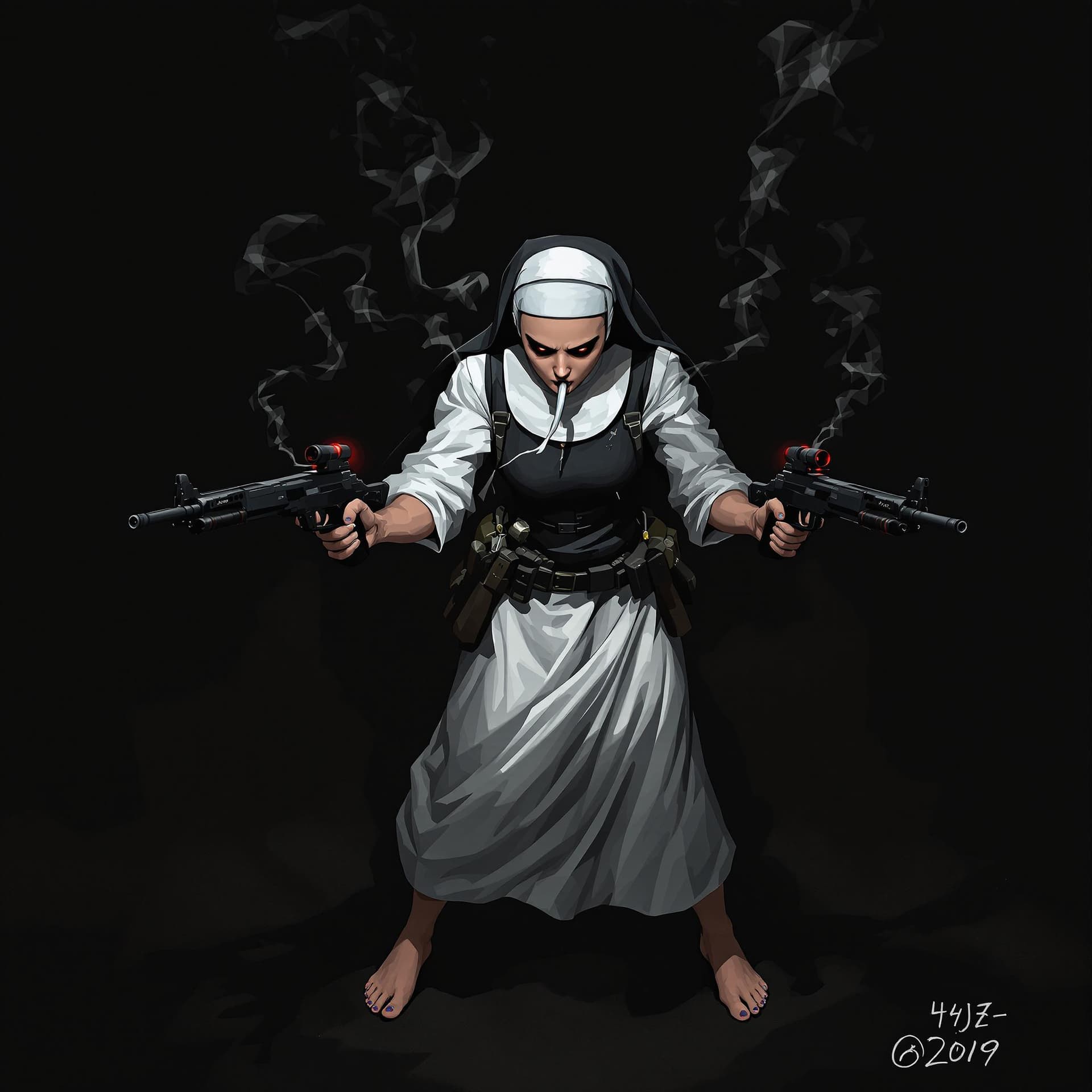 AI generated: Comic book cover illustration, full body shot of a white-haired nun, smoking, stand up, barefoot apa...