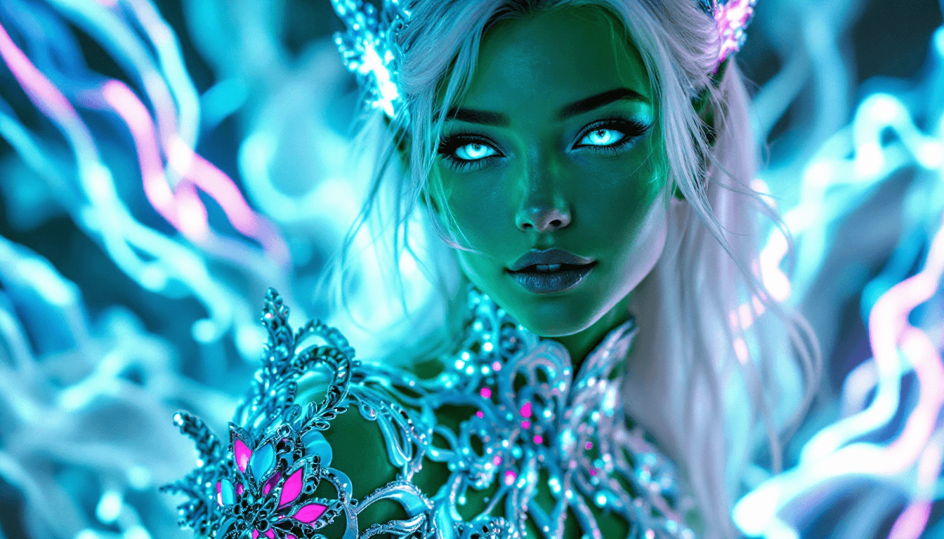 AI generated: Close-up portrait of a young, green shiny-skinned female figure, with striking, glowing blue eyes an...