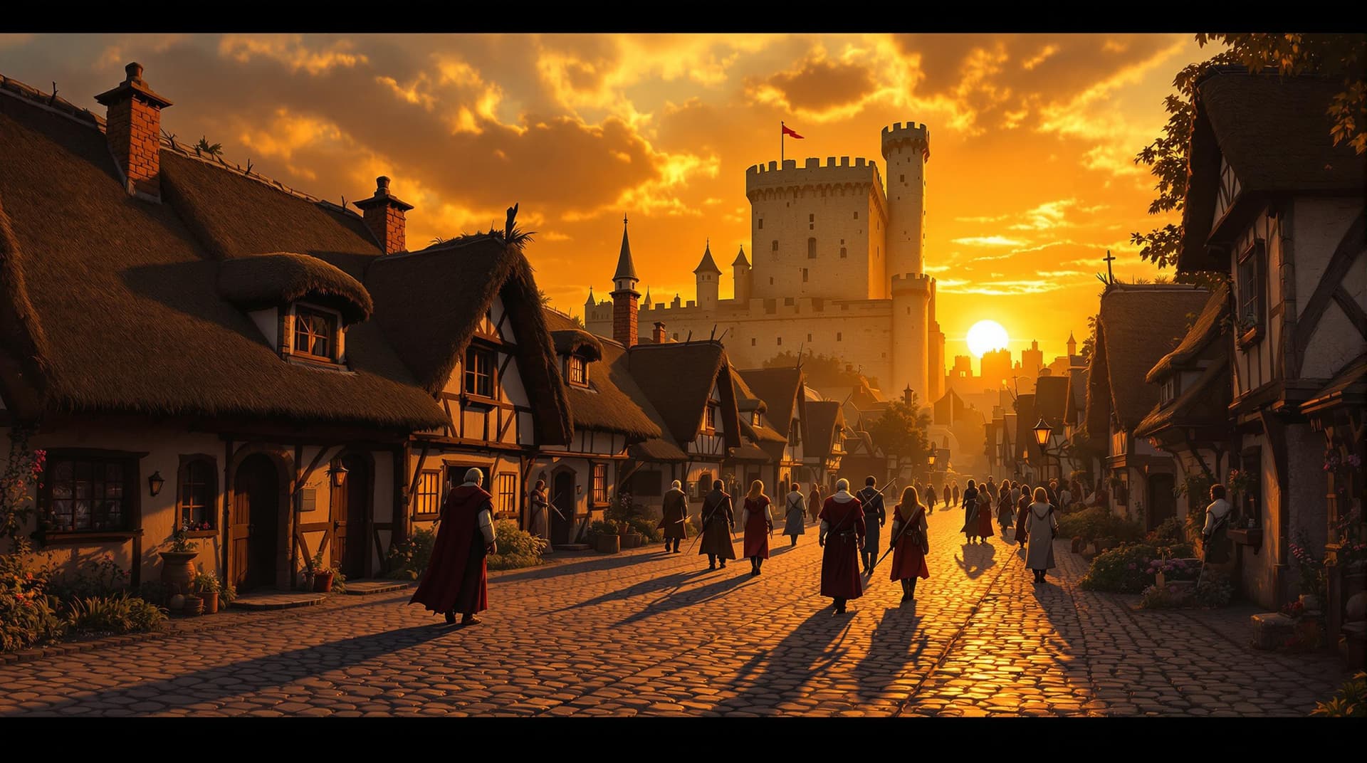 AI generated: a medieval-style village at sunset, with a castle in the background. The village is made up of sever...