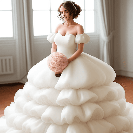 AI generated: cute woman in huge poofy wedding dress with huge short poofy shoulder sleeves