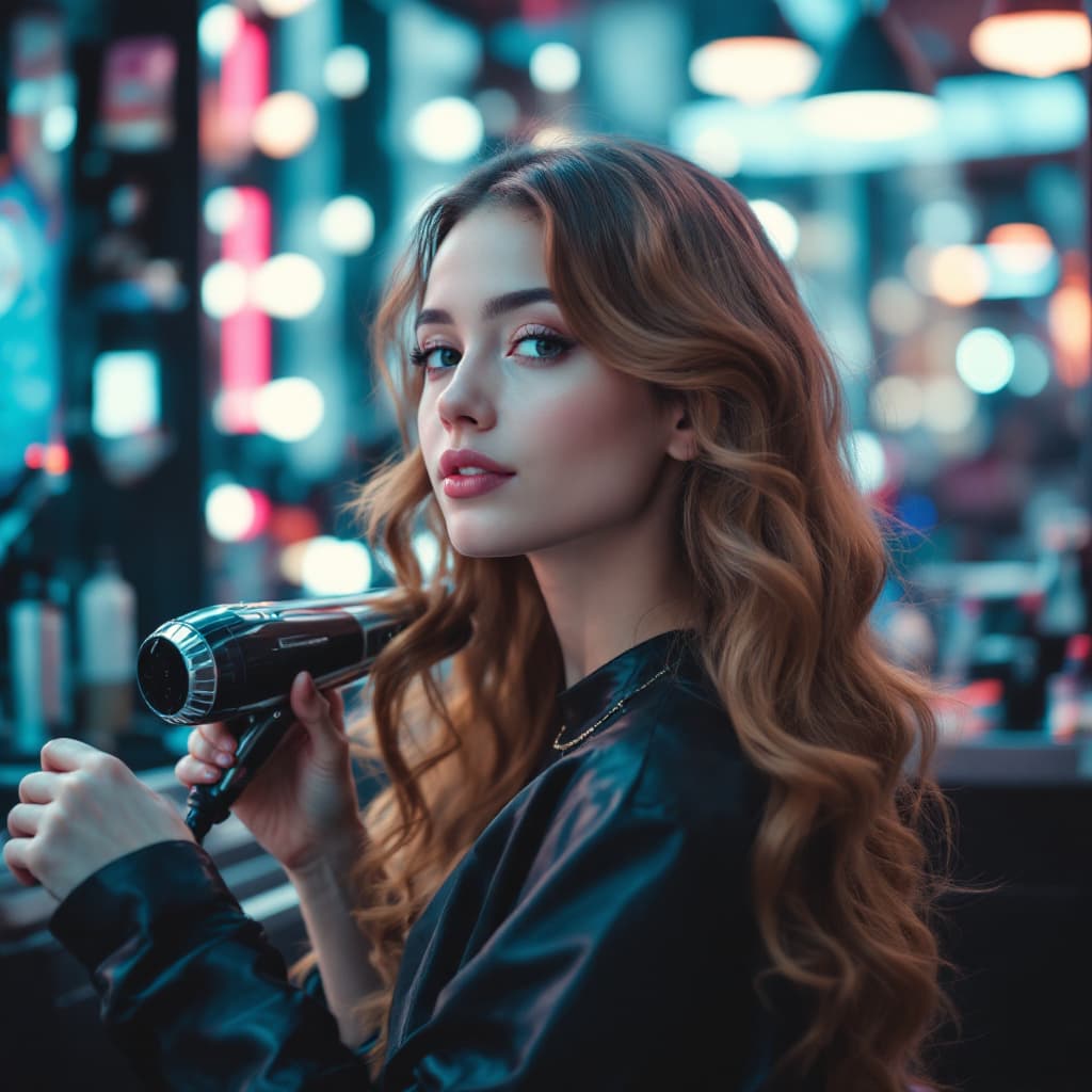 AI generated: young girl , long, long hair in a retro futuristic hair salon. with a retrofuturistic device curling...