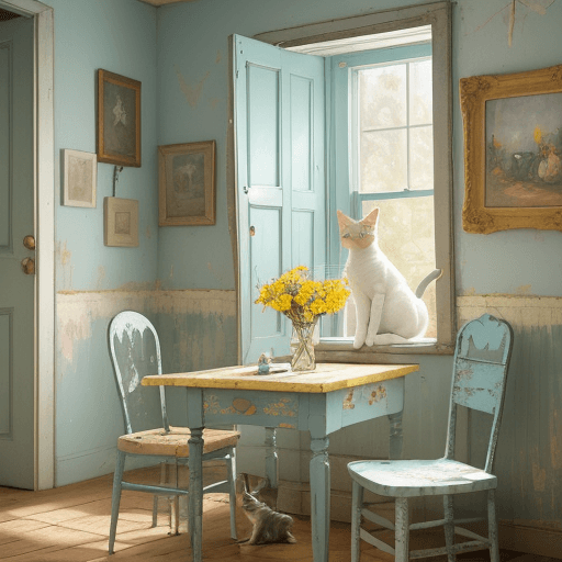 AI generated: A serene and nostalgic painting depicting a worn, pastel blue room with a warm yellow door frame, wh...