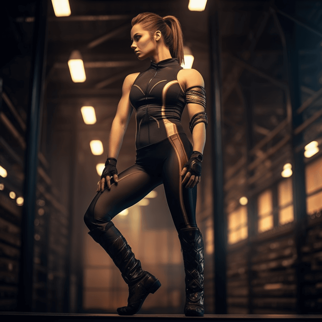 AI generated: muscular woman, strong arms, strong legs, gym outfit , shorts, camera angle is low looking up, thigh...