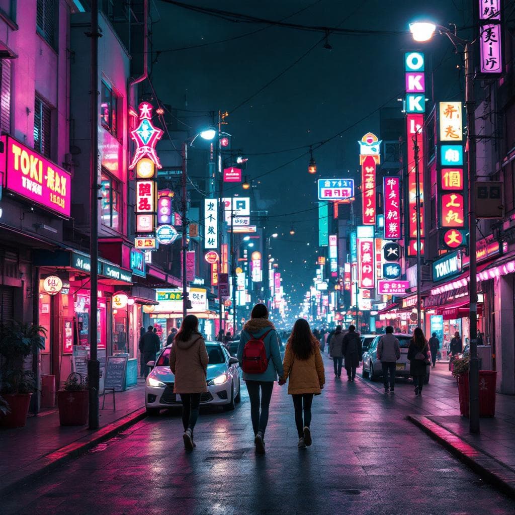 AI generated: dos niñas, una morena y una rubia dando un paseo por tokio, en un barrio lleno de neones y luces