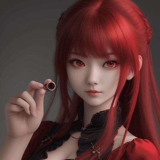 AI generated: High resolution photography, 真紅の天竺牡丹娘／19歳娘／red heir／red eye