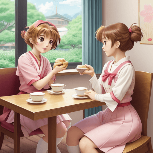 AI generated: Sakura Kinomoto and Tomoyo Daidouji from cardcaptor sakura having a breakfast together, anime style,...