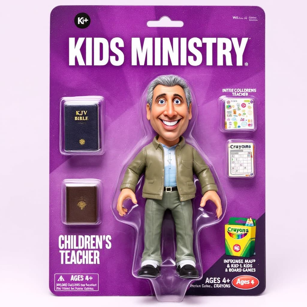 AI generated: A stylized collectible action figure of a Children's teacher in a toy package labeled for ages 4+. T...