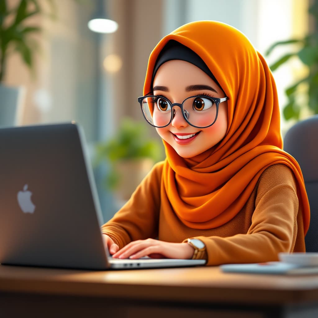AI generated: Animated pic of a Muslim lady, wearing transparent glasses, smiling so happily with her dimples, loo...