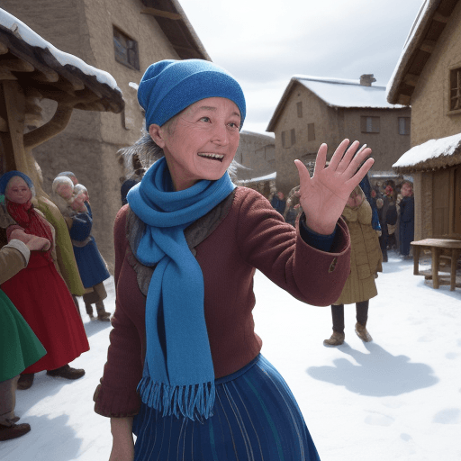 AI generated: There is a holiday in the village. Residents are dancing. in the distance we see a girl in a blue sc...