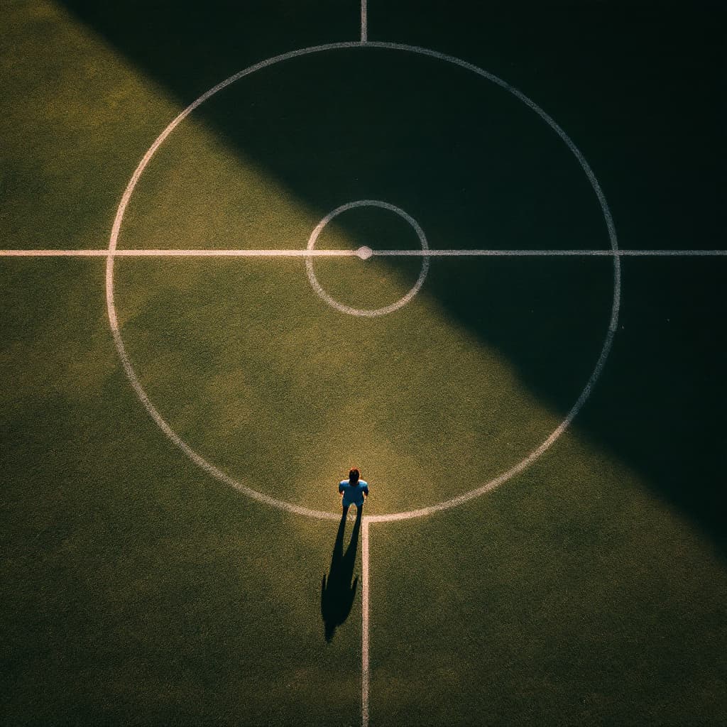 AI generated: A birds-eye-view shot of a footballer standing on the pitch in a stadium by himself