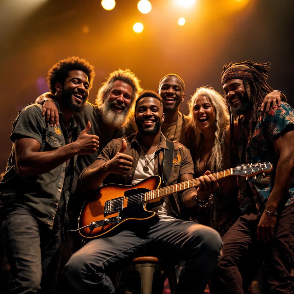 AI generated: A diverse, energetic band of musicians celebrating after a successful concert, standing on a stage u...