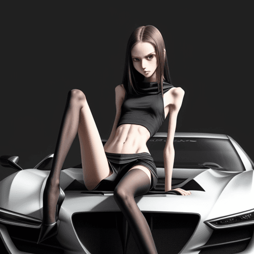 AI generated: a needle-thin anorexic girl with skinny long legs and long skinny calves in high heels with long hoo...