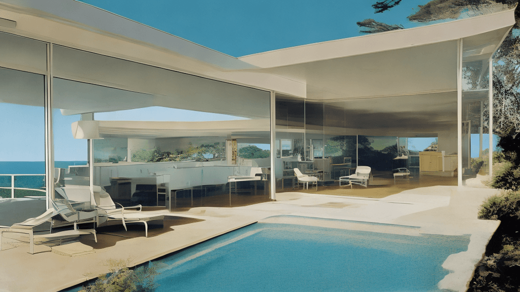 AI generated: Hyper realistic eye level exterior photo of a mid century modern style house overlooking the ocean, ...