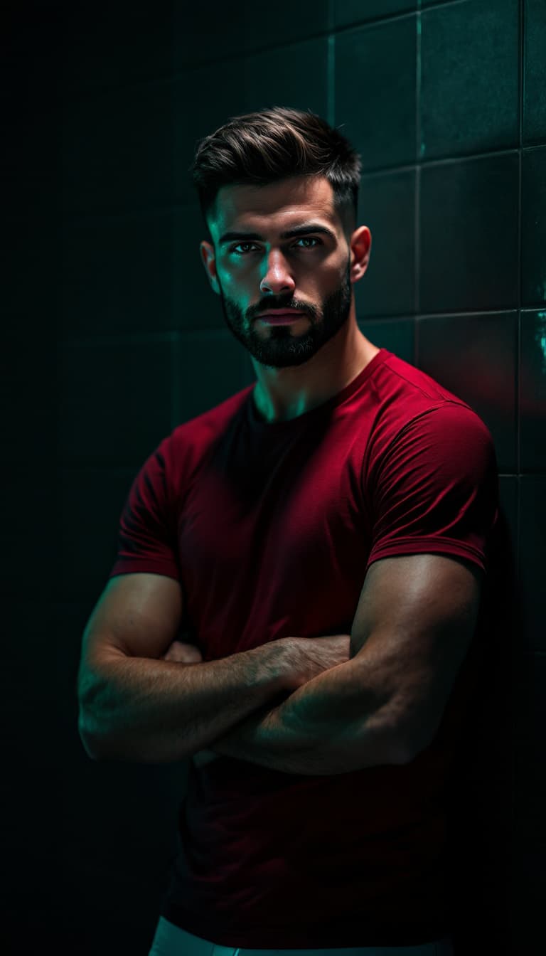AI generated: Full body photograph of a handsome, caucasian man standing against a dark tiled wall, bathed in dram...