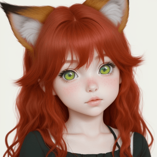 AI generated: young manga girl/wavy red hair/green eyes/small red wolf ears/small nose/full lips