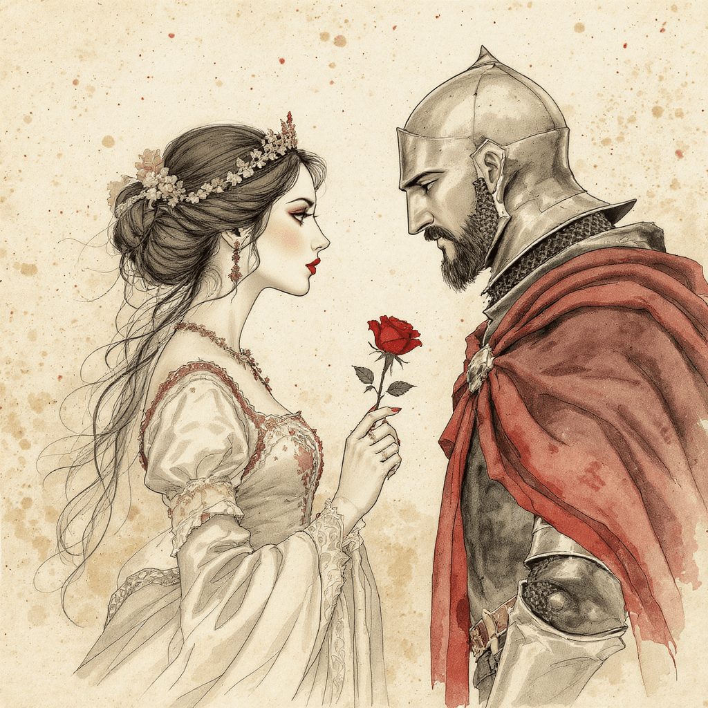 AI generated: An illustration of a noble lady and a medieval knight facing one another in a moment of quiet intens...