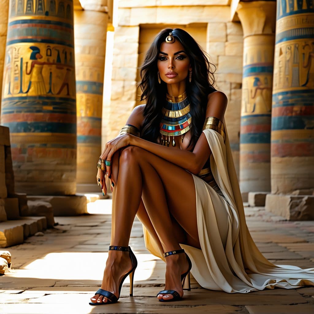 AI generated:  A photo of a 50 year old a egypt queen wearing high heel sandals, young, natural, necklace, hyper r...