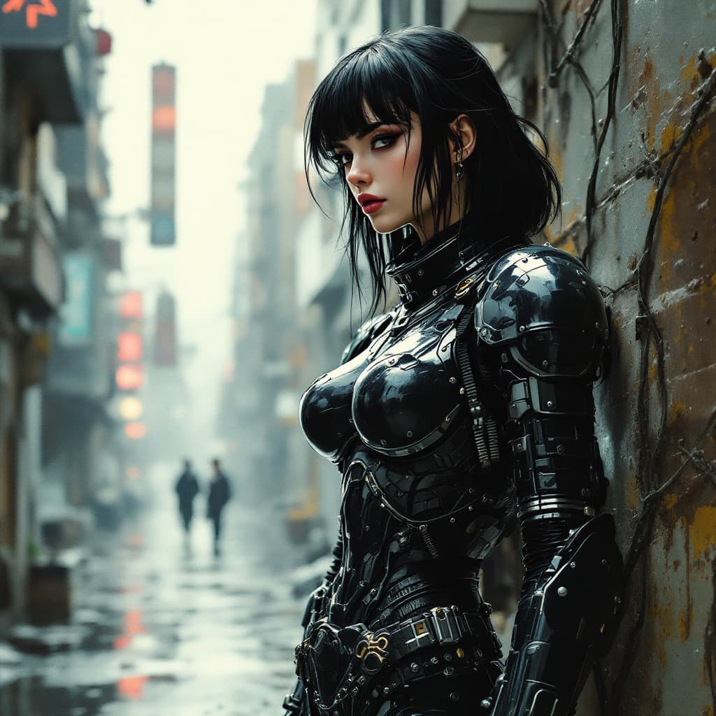 AI generated: A full body shot, side view, beautiful European woman with black hair and bangs, in the style of Mas...
