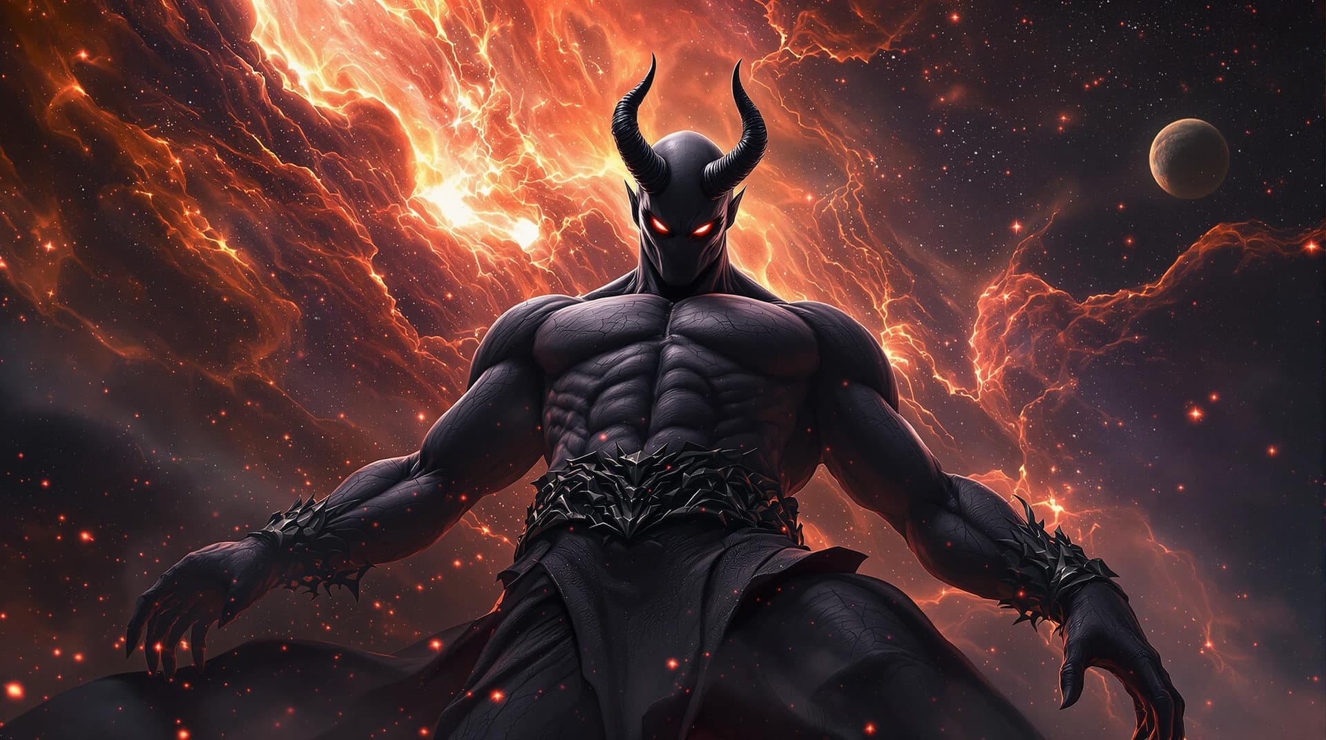 AI generated: God of Devils and Demons full-body, Etherial, muscular, Glowing Black eyes, Charcoal skin, epic, cin...