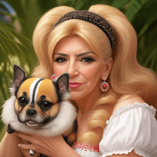 AI generated: the diva Susana Giménez,  surrounded by bichón maltés little pet dog, with the face of Mirko Wiebber
