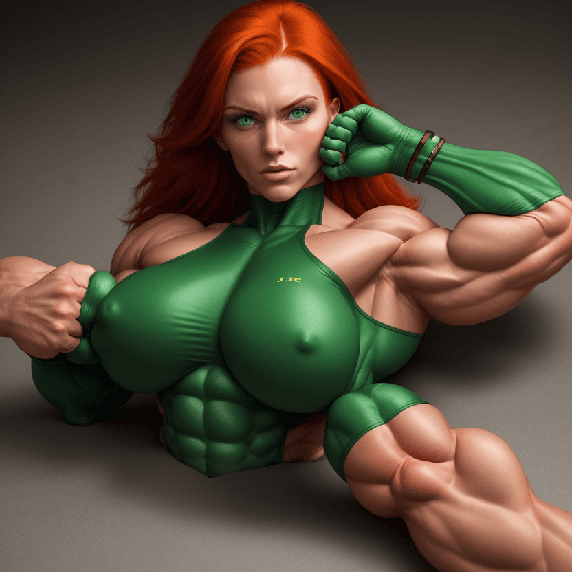 AI generated: 1 beautiful bodybuilder woman with a wide strong jaw, red hair, green eyes, SFW, big arms, big legs,...