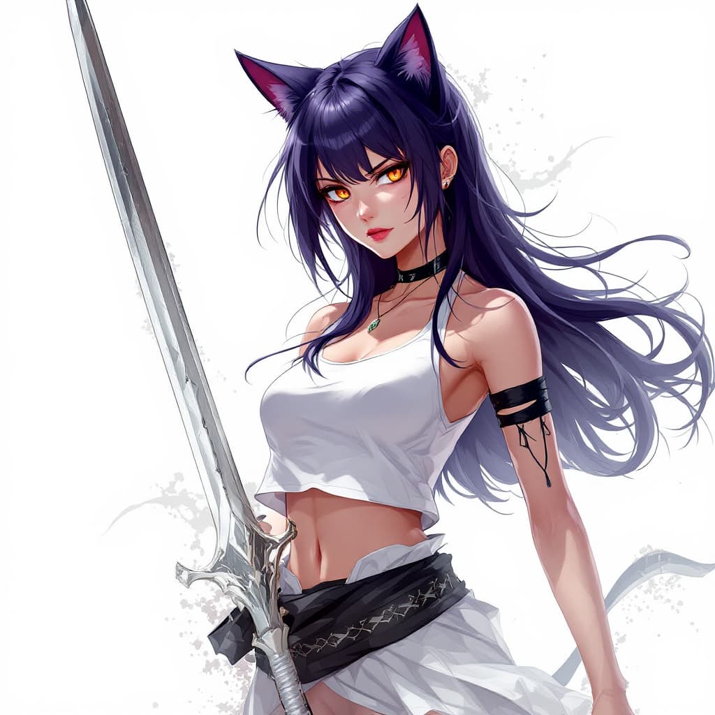 AI generated: 1 woman, weapon longsword, long hair, dark purple hair,cat ears, white background, solo, looking at ...