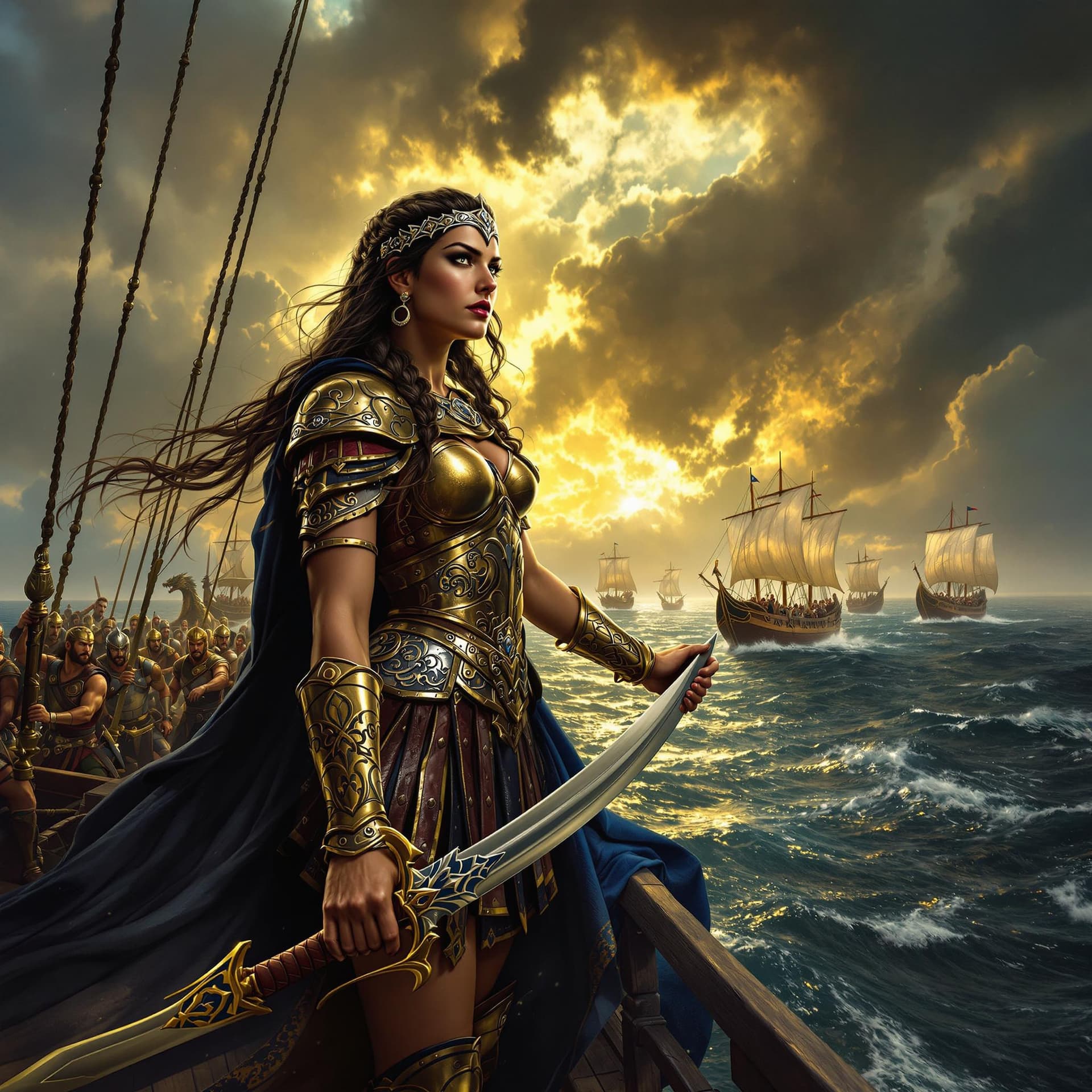 AI generated: Prompt: A powerful and determined Queen Teuta of Illyria stands at the prow of her warship, sailing ...