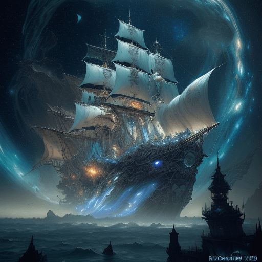 AI generated: Rococo Gothic White Alien Pirate Ship Flying In the cosmic Galaxy, hyperdetailed photoillustration p...