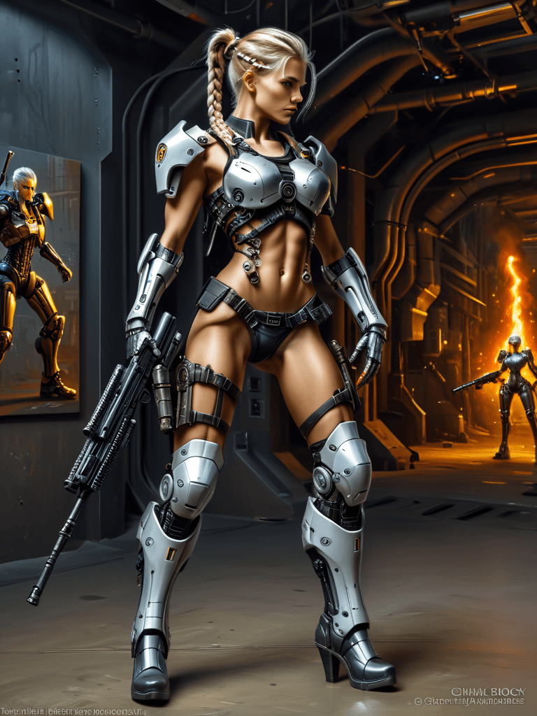 AI generated: full body shot,head to toe,beautiful European blondie female cyborg warrior in a heavily protected v...