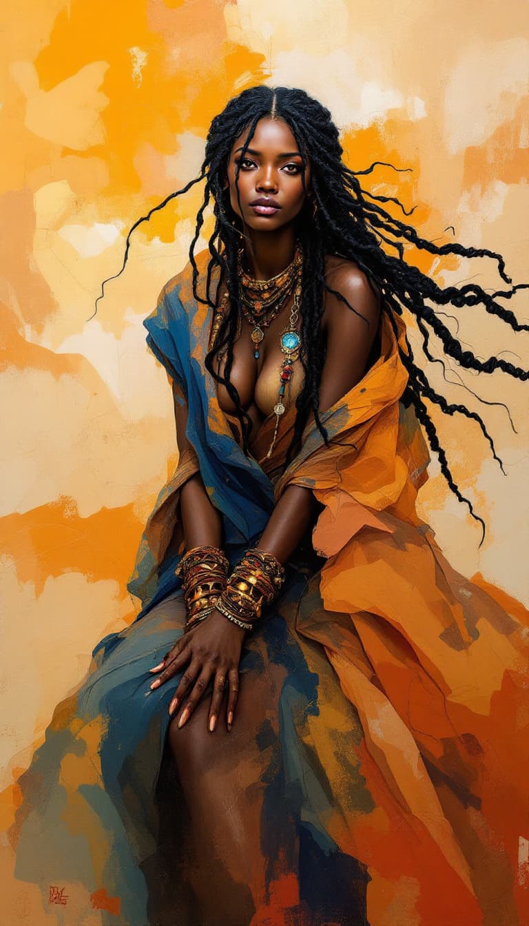 AI generated: "Desert Nomad in Shifting Sands": A mesmerizing abstract painting presents the spirit of a 35-year-o...