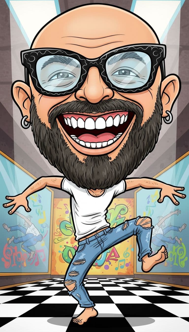 AI generated: funny caricature, hip-hop dancer caricature, a stylish young man with a lean, toned physique (around...