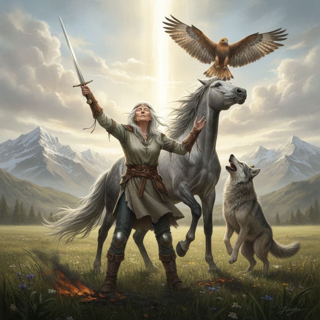 AI generated: old woman, standing, wearing belted tunic, one sword raised, other arm raised, looking up, eyes clos...