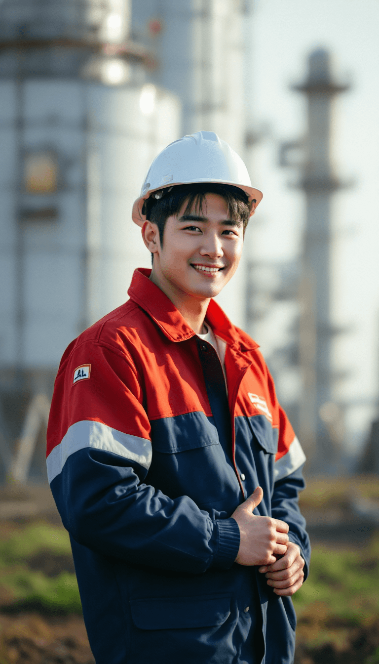 AI generated: A korean man with black undercut hair, and a worn a red and blue safety coverall (pertamina coverall...