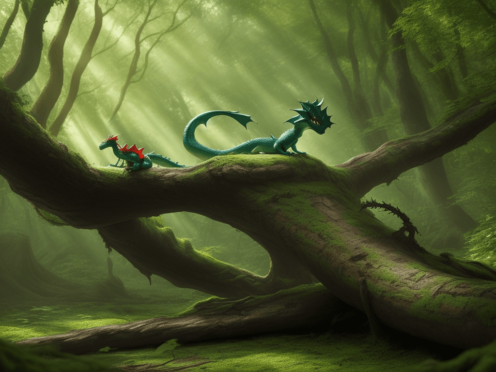 AI generated: tiny dragon on a fallen tree, green forest, plenty of sunlight, ultra realistic, wide angle