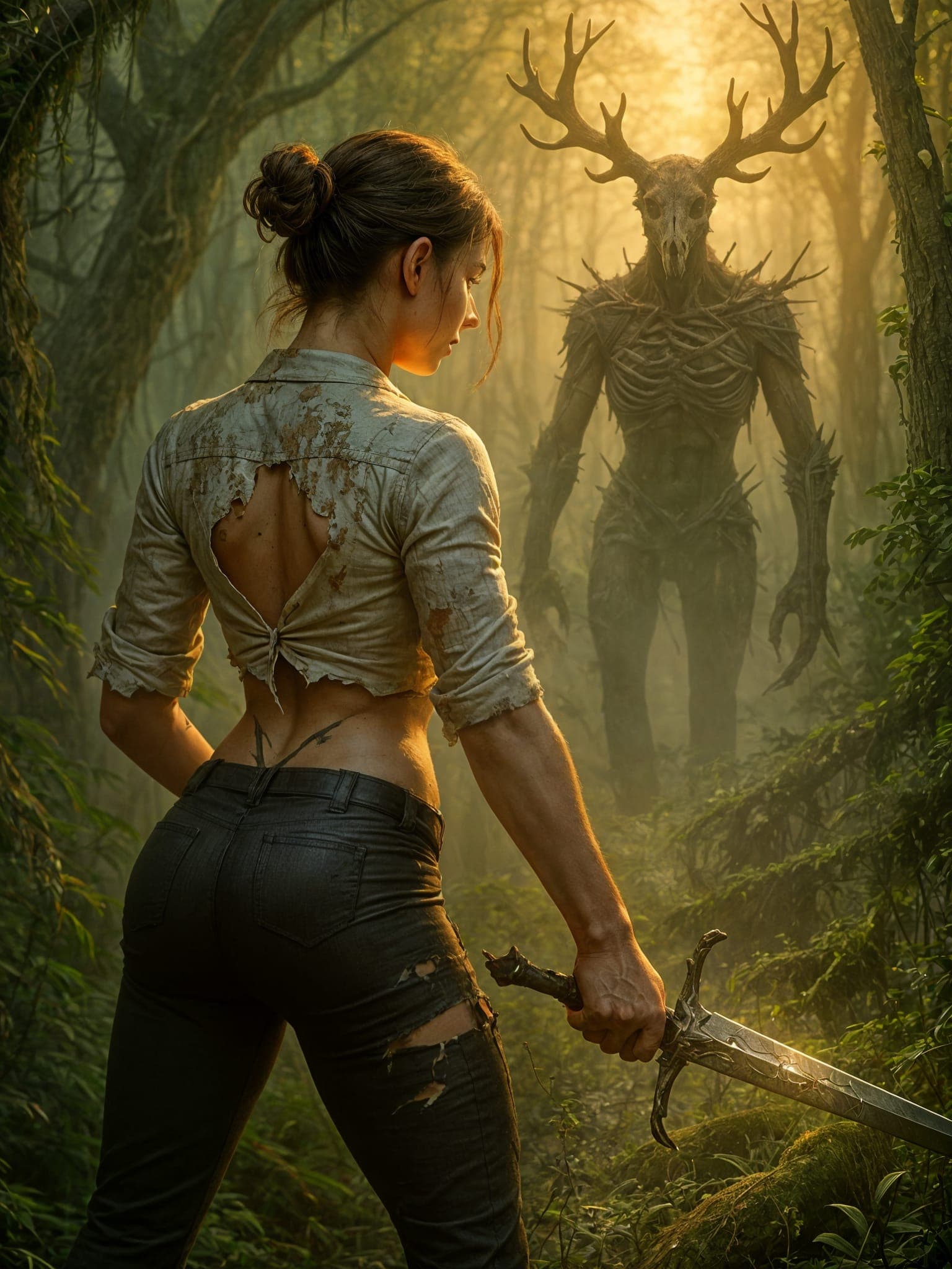 AI generated: A young warrior woman, clad in a white shirt with rolled sleeves and dark-brown tight pants, stands ...