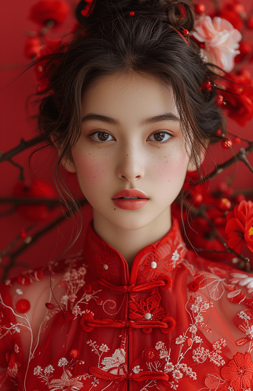 AI generated: chinese red blouse, in the style of dreamy and romantic compositions, floral explosions --ar 24:37 -...