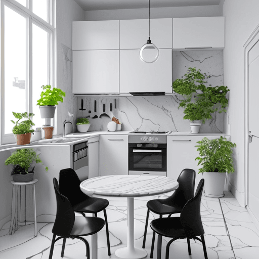AI generated: a small kitchen with a black and white kitchen set, white marble floor, gray plaster walls, small ta...