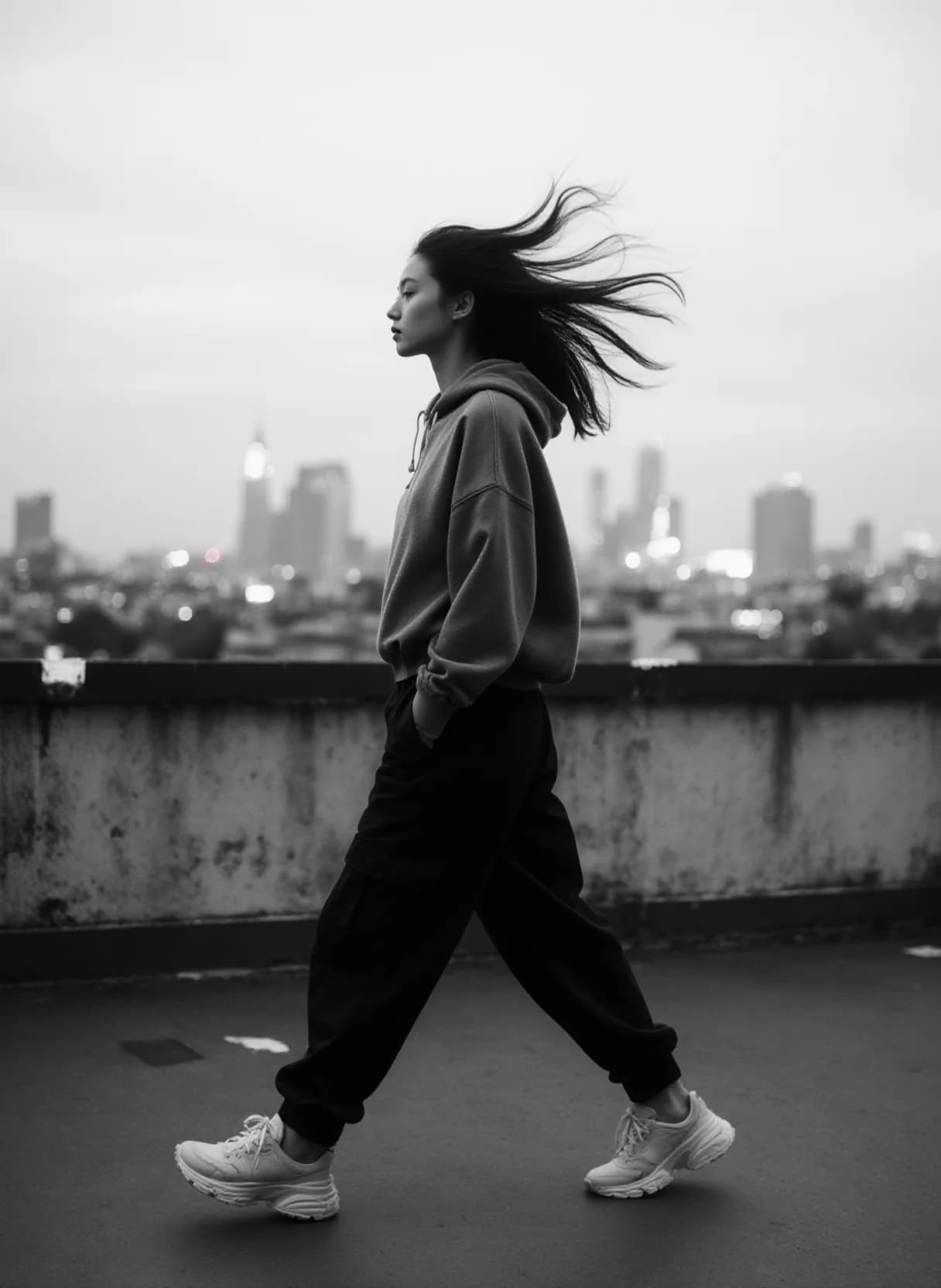 AI generated: A monochromatic photograph captures a person walking confidently across a rooftop, their long hair f...