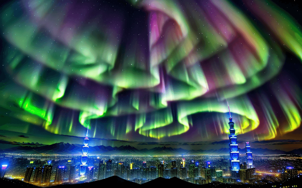 AI generated: auroras sky,snow weather, Taipei 101 ,delight night 