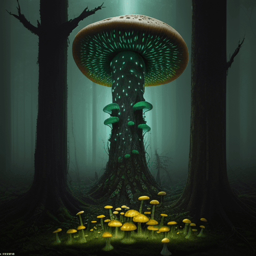 AI generated: A post-apocalyptic forest of towering champignon fungi emitting a faint yellow light, dead trees dom...