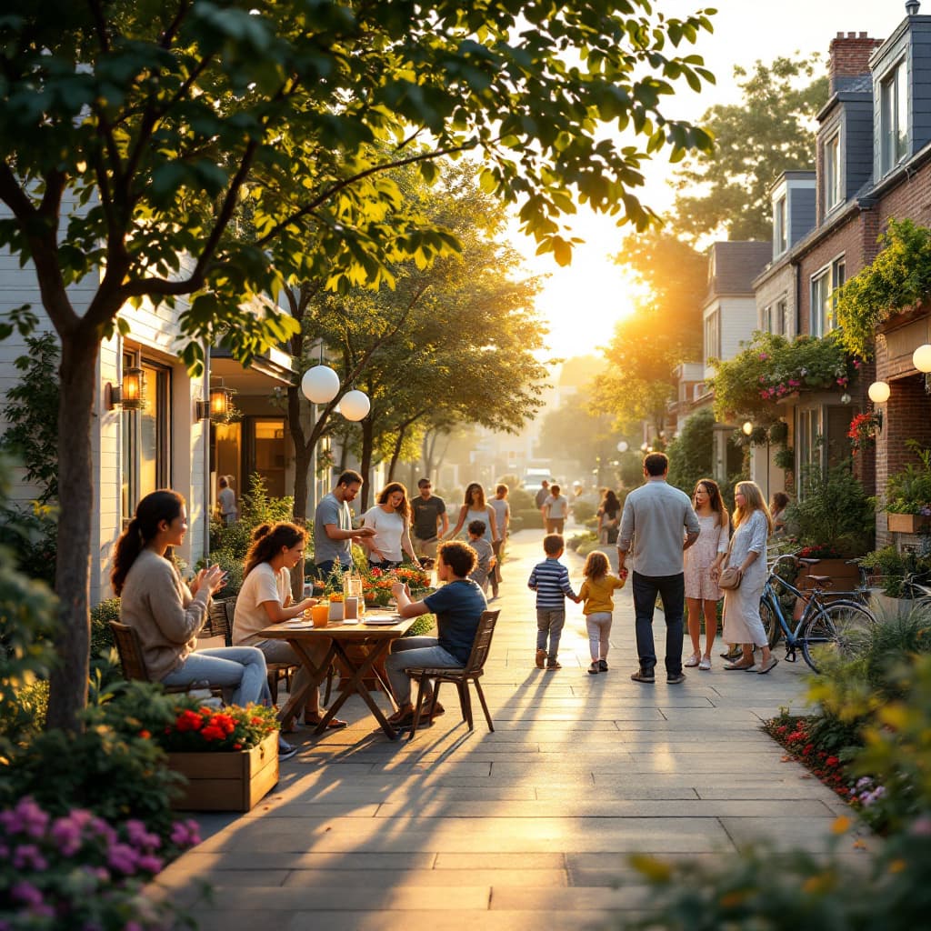 AI generated: A warm, photo-realistic image of a vibrant neighbourhood where people feel at home. The scene shows ...